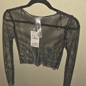 NWT Zara Black Mesh Sequin Long Sleeve Crop Top Size S